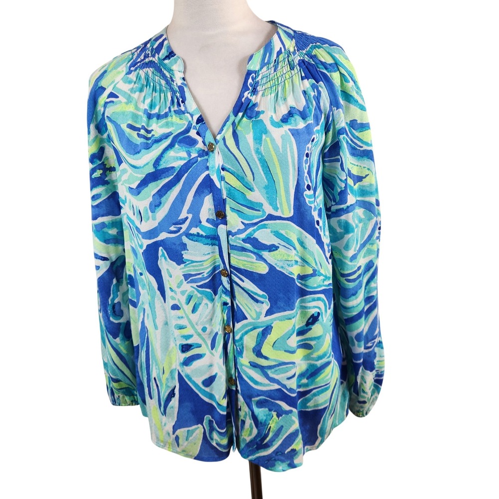 Lilly Pulitzer Elsa Top‎ Blue Green Floral Silk Rayon Blouse Womens Size Medium